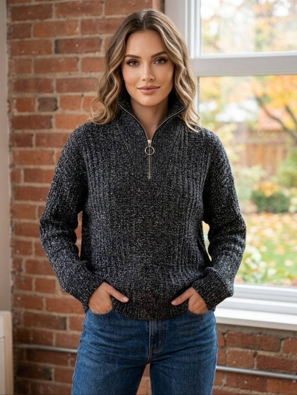 VENUS Medium Black Marled Cable Knit Rhinestone Quarter Zip Sweater